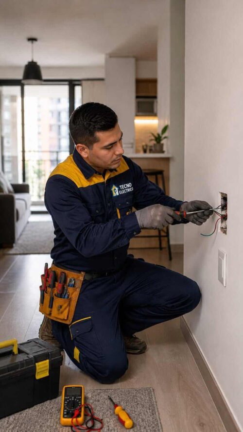 Electricista residencial en Bogotá realizando reparación eléctrica en apartamento