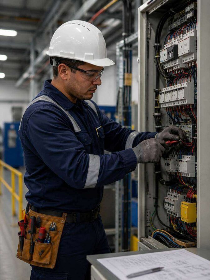 Electricista industrial en Bogotá realizando mantenimiento eléctrico industrial
